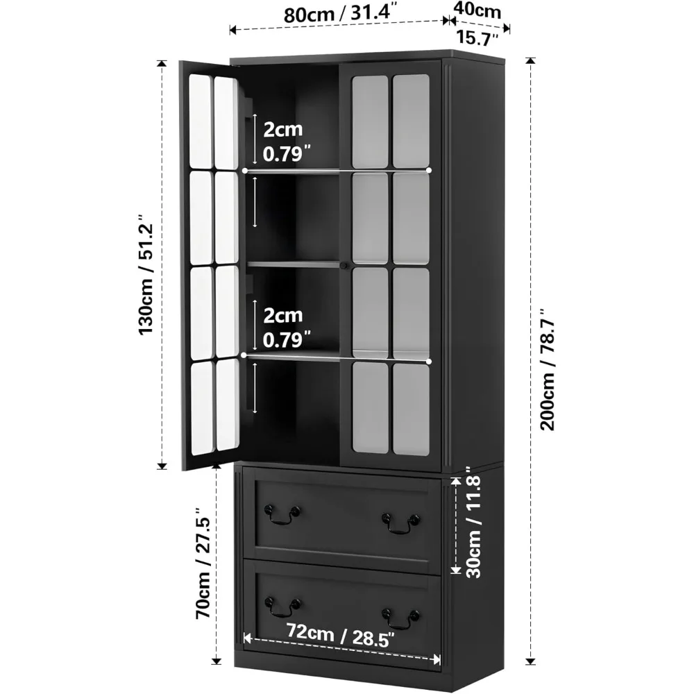 Estante alta elegante de 4 prateleiras com portas de vidro e gavetas de armazenamento para organização de grande capacidade