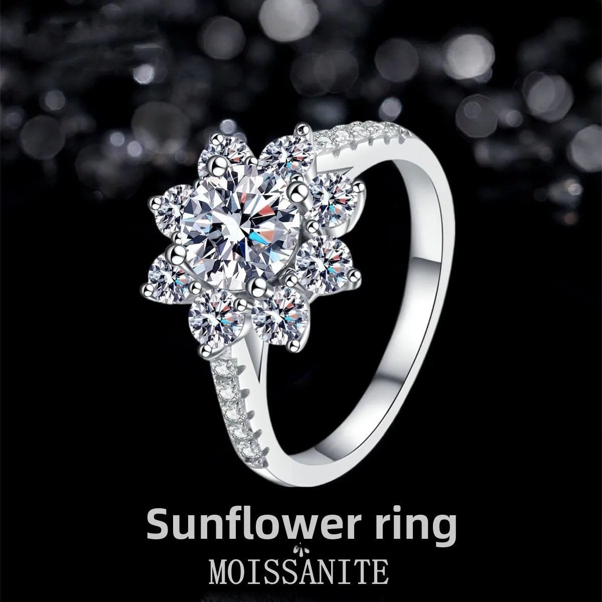 

Luxurious Sunflower Moissanite Ring: 2CT D Color Stone Set in S925 Sterling Silver. Elegant Floral Fine Jewelry for Women