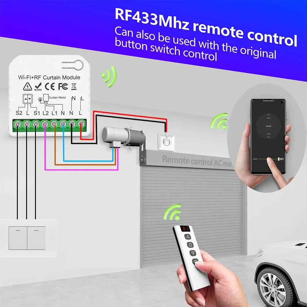 WiFi RF Roller Shutter Switch and 433MHz 5-in-1 Wireless Remote Control for Blinds,AC Motor work with Tuya,Google Assist,Alexa