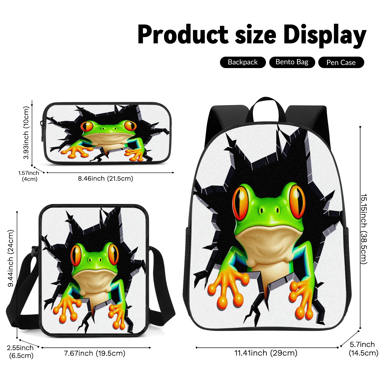3-Piece Breakout Frog Print Backpack Set, Includes Backpack, Crossbody Bag and Pencil Case, Lightweight Unisex