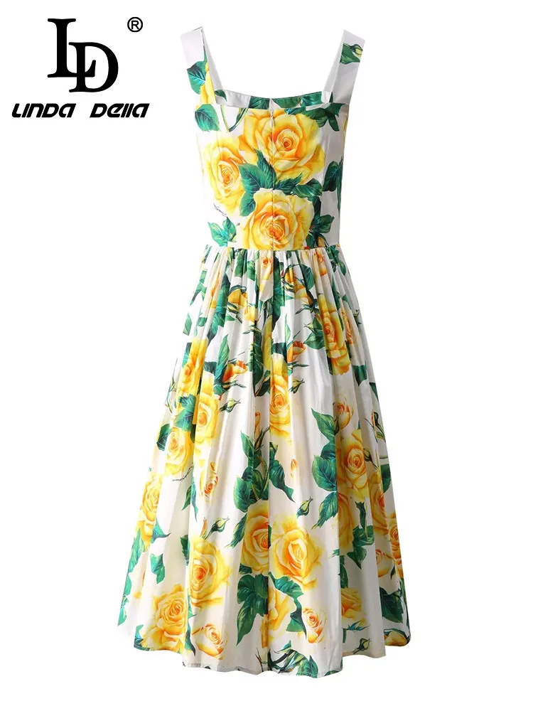 LD LINDA DELLA 2024 Summer Luxury Dress Women's Vintage Temperament Floral Print Single Breasted Ruched Spaghetti Strap Dresses