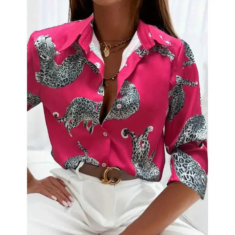 New Women's Elegant and Fashionable Long Sleeve Personalized Trendy Style Print Pattern Collar Button Shirt Top for Women Autumn