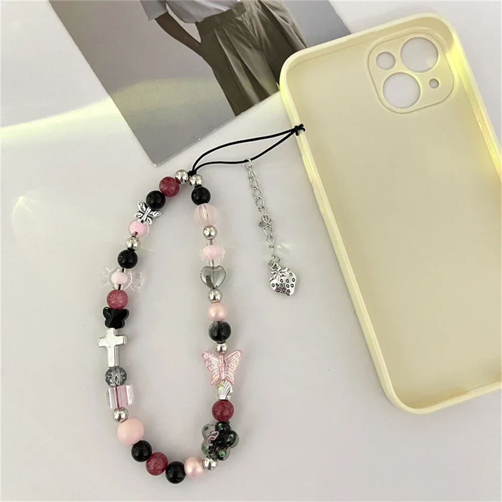 Korea Y2K Pink Beaded Flower Candy Butterfly Bracelet Phone Chain Pendant For iPhone Universal Accessories Chain Stylish Jewelry