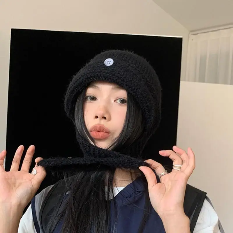 652F Button Ear Flap Slouchy Hat for Women Knit Ear Muff Beanie Hat Outdoor Sports Hat Cold Weather Windproof Warm Headdress