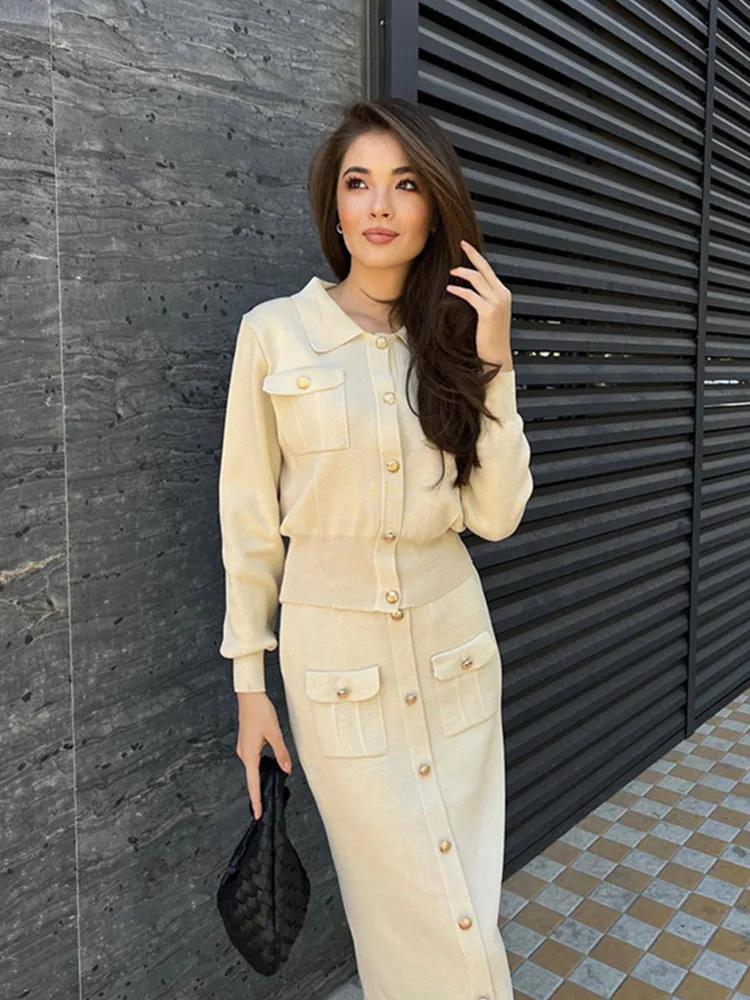

SKMY Turn-Down Collar Long Sleeve Tops Skirt Sets Comfortable Casual Women Clothing 2025 New Button Knitted Two-Piece Outfits