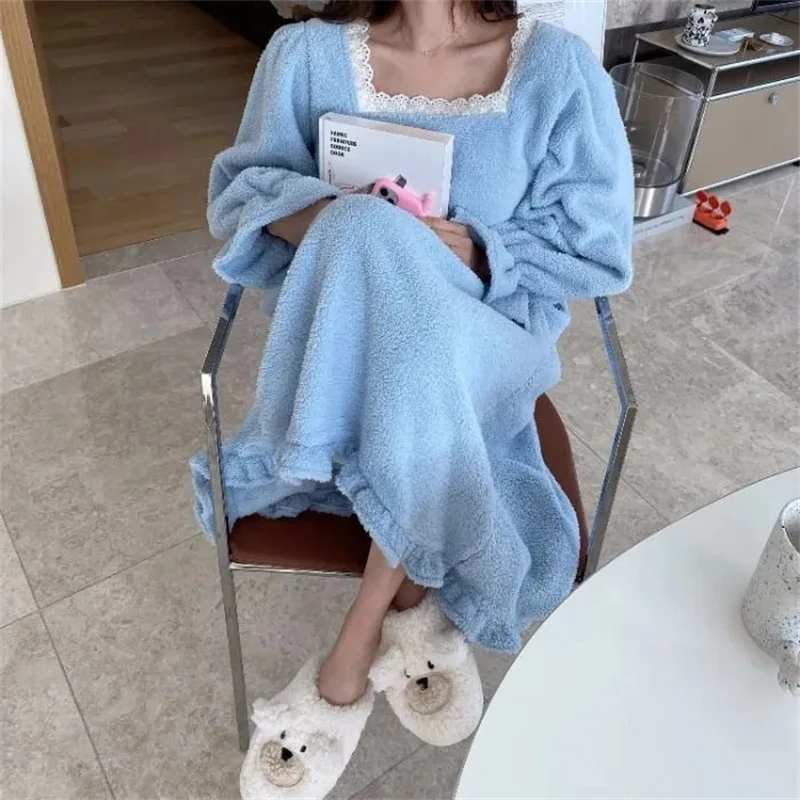 Pajama Long Dress Women\'s 2023 Autumn/Winter New Korean Version Loose and Warm Flannel Home Lazy Dress ins Commuter Solid Square