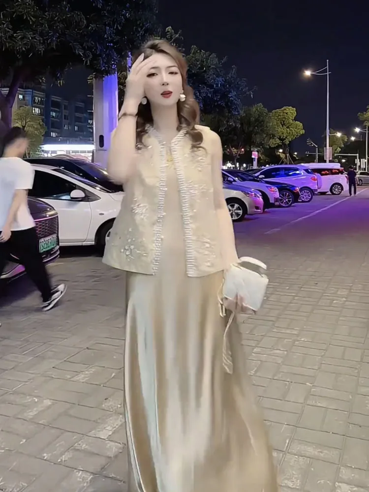 

Fashionable Two-Piece Set Women's Summer Lightweight Luxury Outerwear Vest Dress Elegant Lady Rich Girl Style Clothing Set