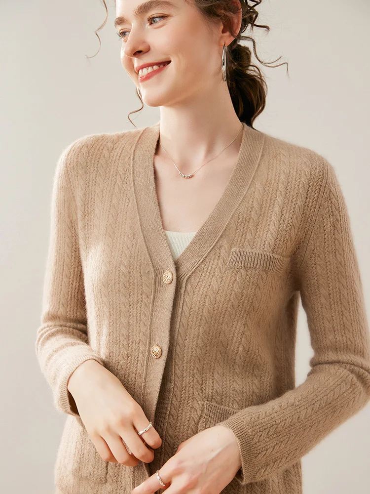 New Women V-neck 100% Cashmere Cardigan Sweater Autumn Winter Soild  Soft Comfort  Elegant Long Sleeve Knit Jackets Office Lady