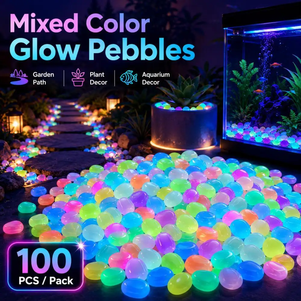 100 pcs mixed color glow-in-the-dark pebbles, luminous resin pebbles for aquarium fish tank, garden path, plant pot, DIY decor