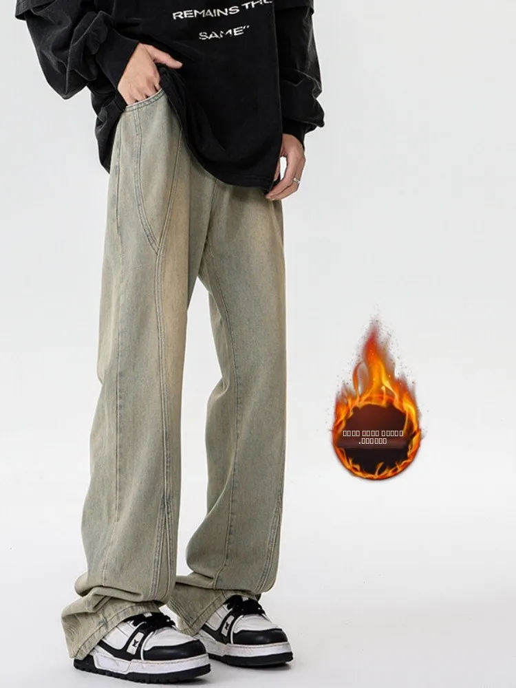 

Мужские зимние утепленные джинсы с широкими штанинами на флисовой подкладке, с высокой талией, прямого кроя, расклешенные, в американском стиле, из смесового хлопка и полиэстера