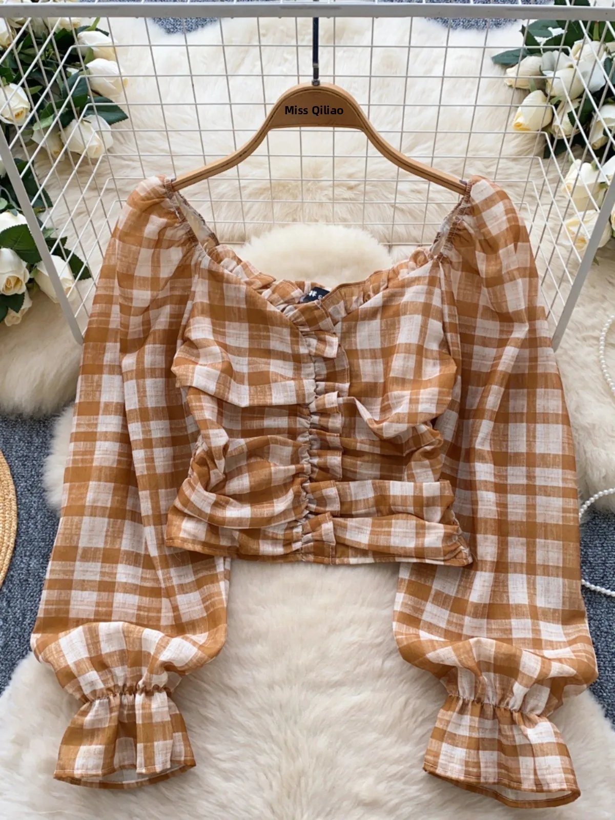 Sweet Versatile Plaid irt Women's New 2025 Gentle Sle Square Collar Pleated Waist ort Length Belly Button Exposure irt