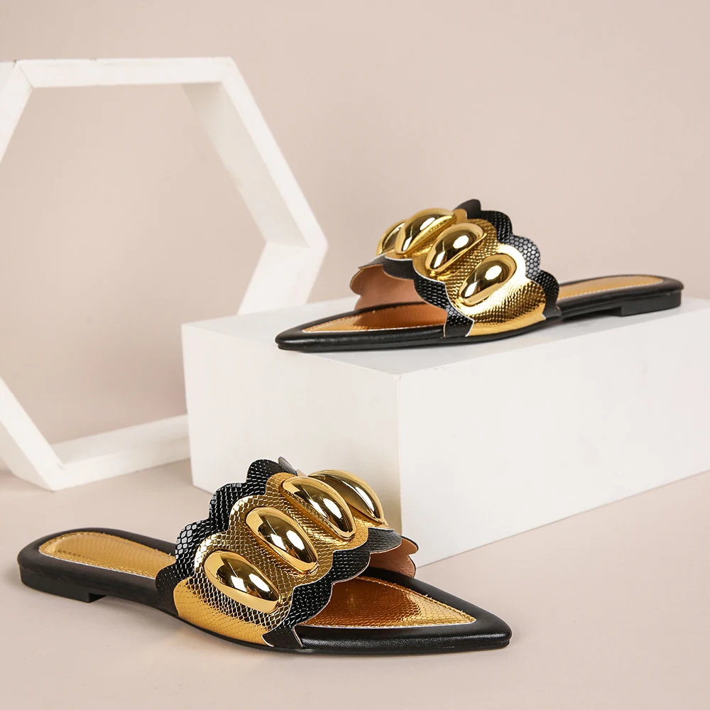 

Летние женские сандалии больших размеров, плоские женские шлепанцы, модные женские туфли с золотой цепочкой, нескользящая дизайнерская обувь