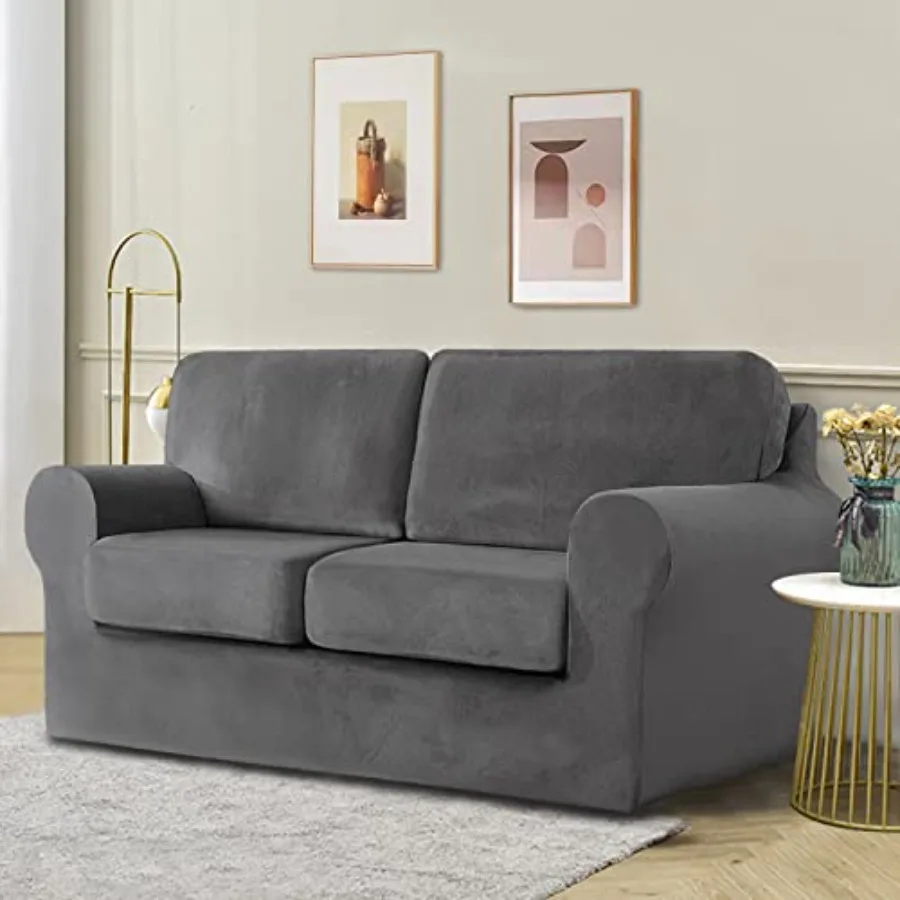 

5 Pieces Velvet High Stretch Sofa Covers for 2 Cushion Couch Sofa Slipcovers, Washable Furniture Protector with Drawstring Anti