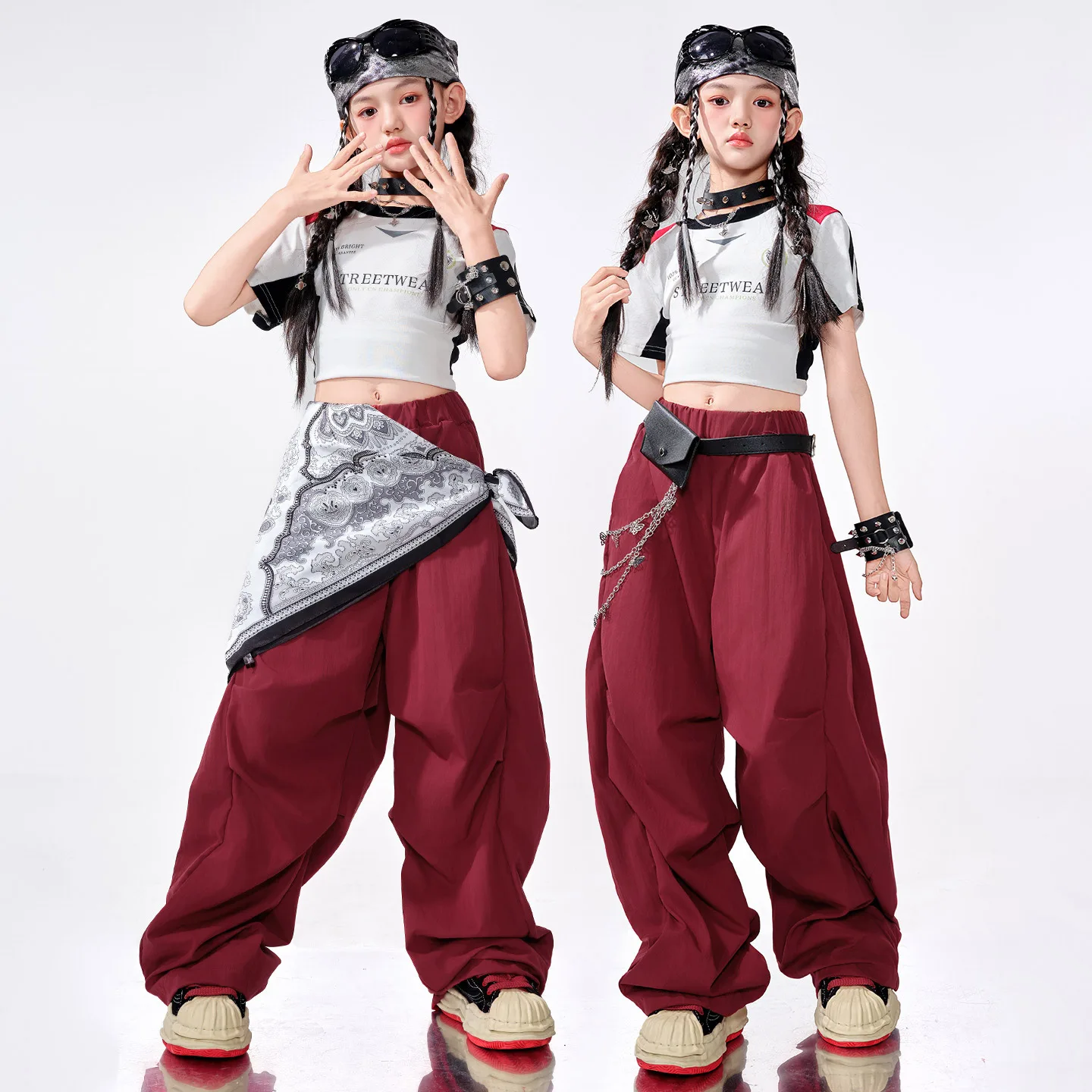 女の子ヒップホップ服クロップメッシュカーゴジョガーパンツキッズK-POPルーズパンツストリートダンス服セット子供ガールズグループコスチューム