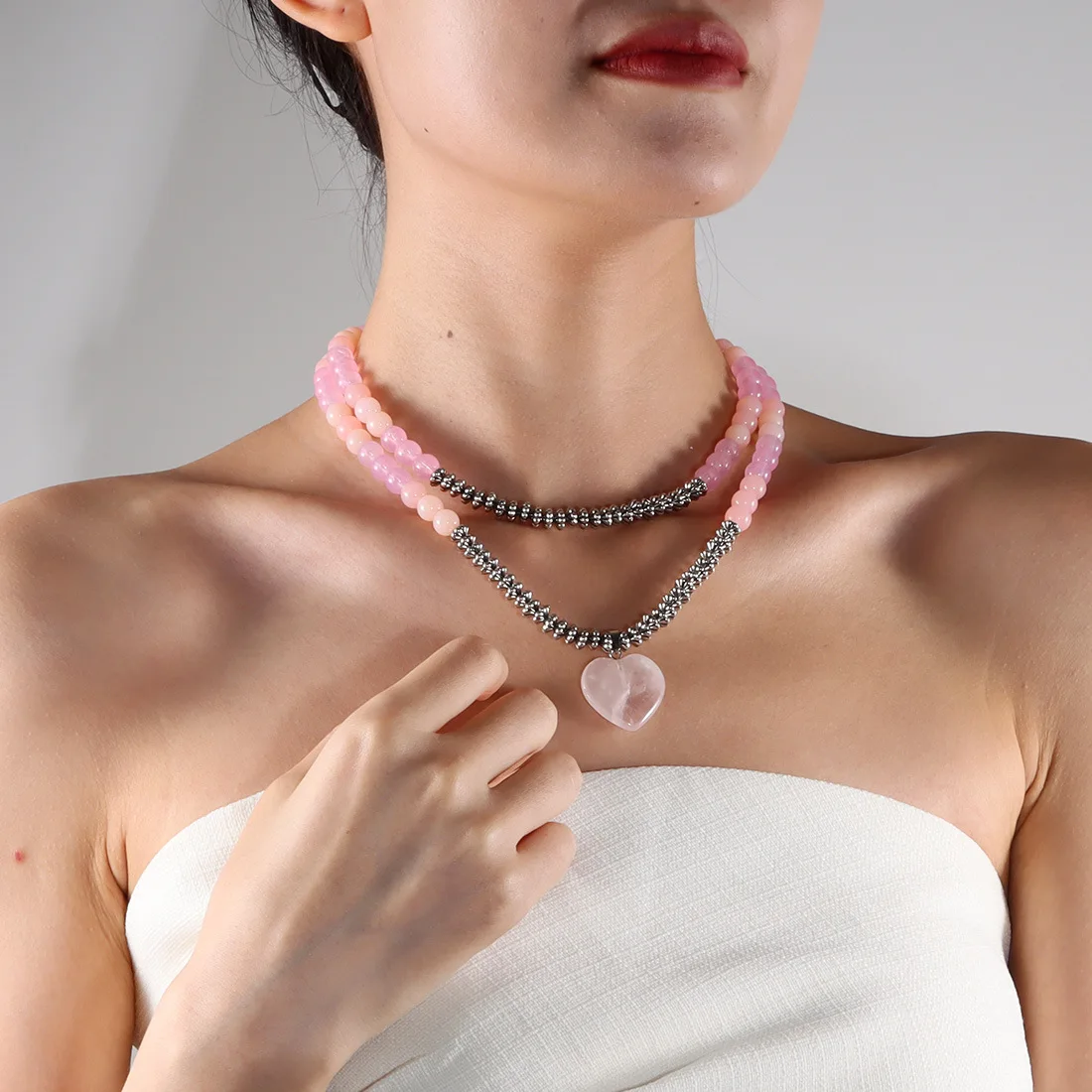 DIY accessories Niche retro natural stone love pendant design sense personalized double-layer beaded neck chain necklace NK25890