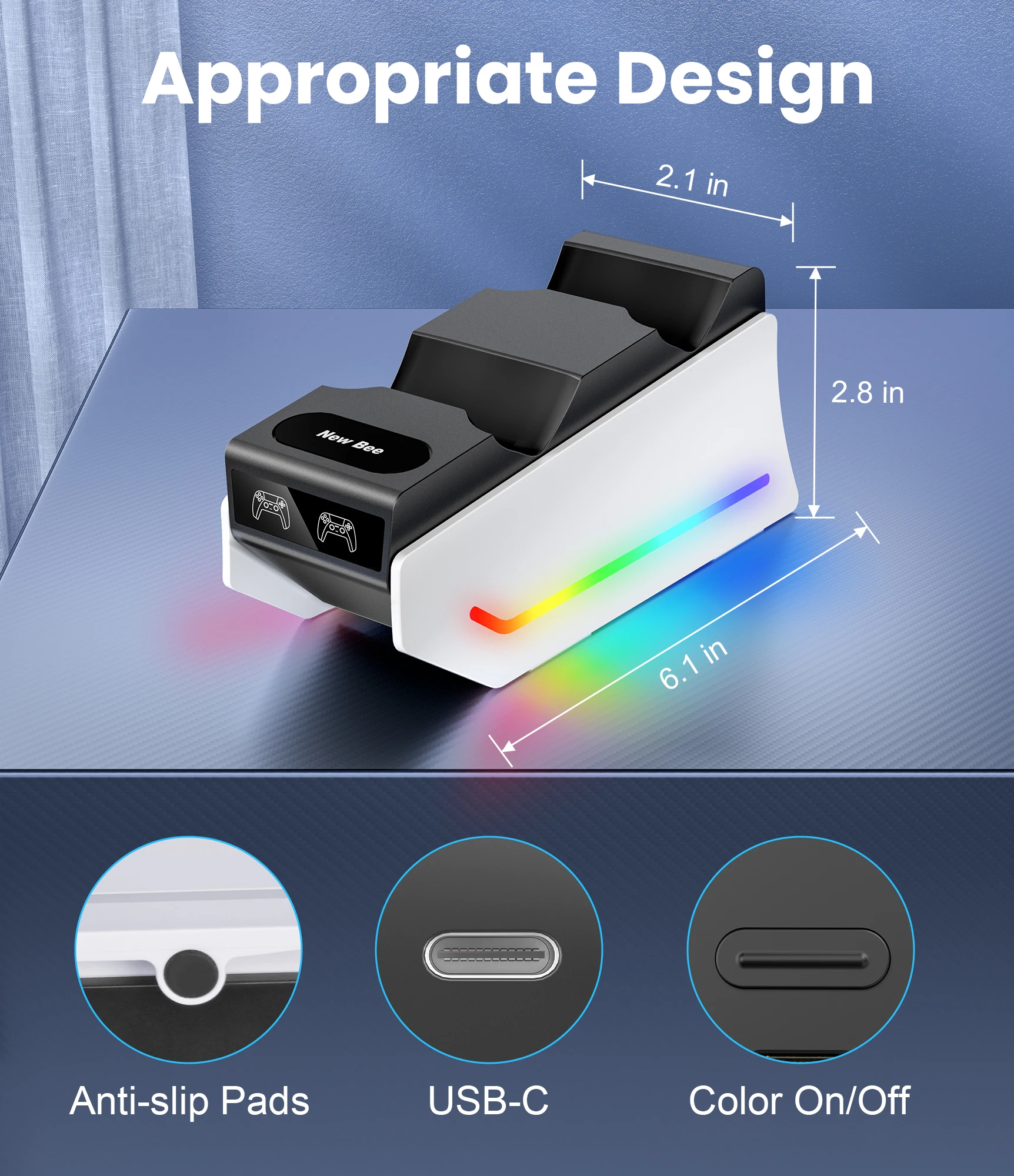 محطة شحن وحدة تحكم Bee Z15 RGB جديدة للبلاي ستيشن شاحن مزدوج سريع حامل شحن محطة إرساء للوحة ألعاب PS5