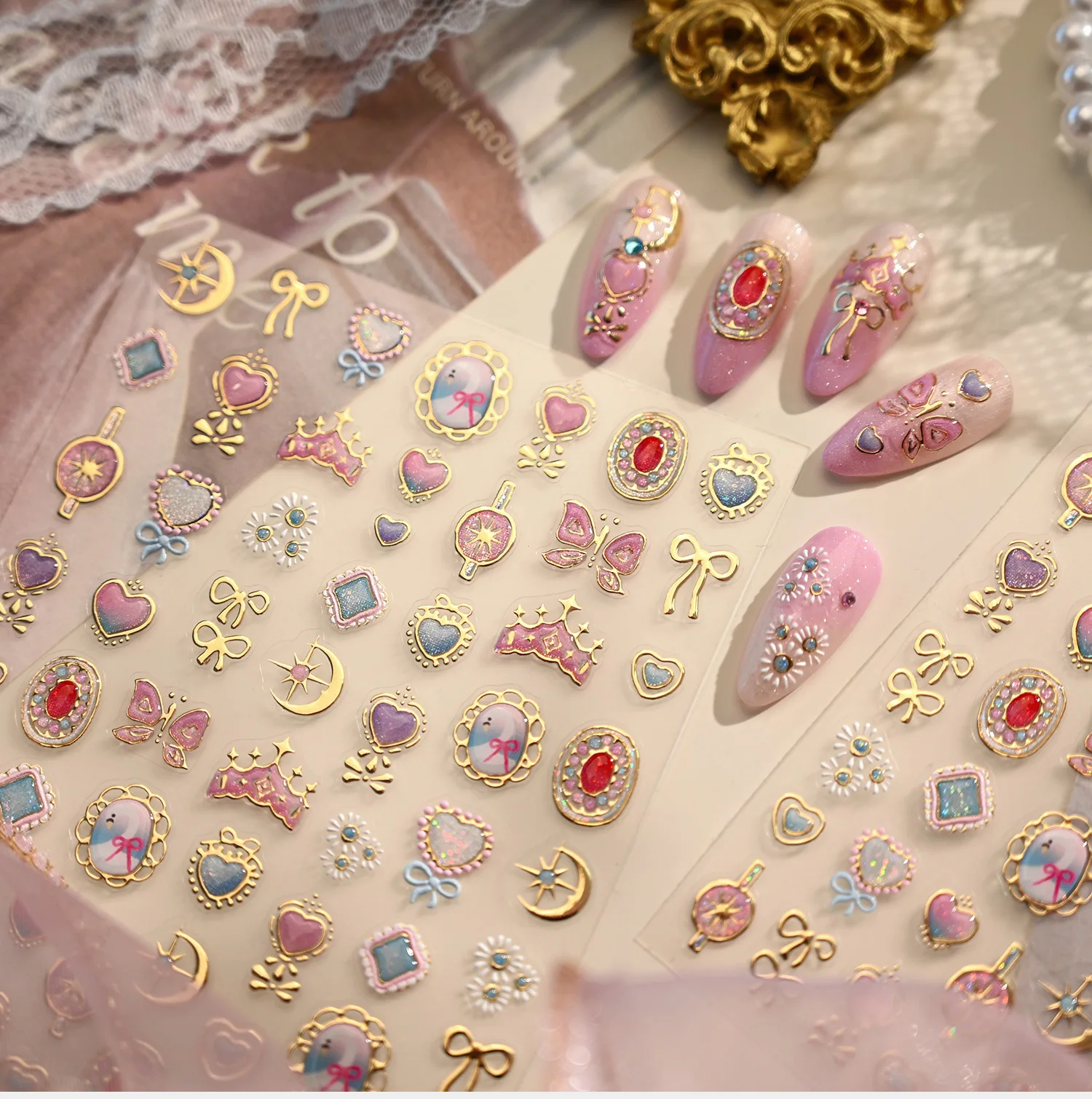 5D Magic Wand Heart Gem Butterfly Mirror Pink Bow Crown Star Moon Gold Bow Embossed Jelly Magical Girl Nail Art Stickers Decals