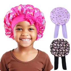 New Kids Unicorn Pattern Satin Bonnet Wide Elastic Band Sleeping Cap for Curly Natural Hair Child Night Caps Toddler Shower Cap