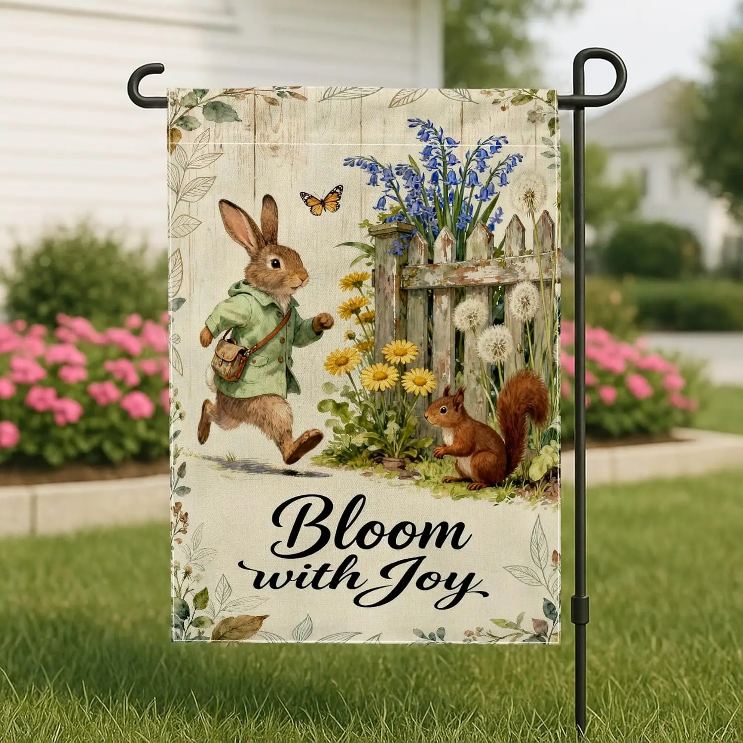Rabbit Garden Flag, Spring Fanciful Squirrel Butterfly Spring Green Burlap Double Sided Yard Decorative Flags for Outdoor Pa AAS