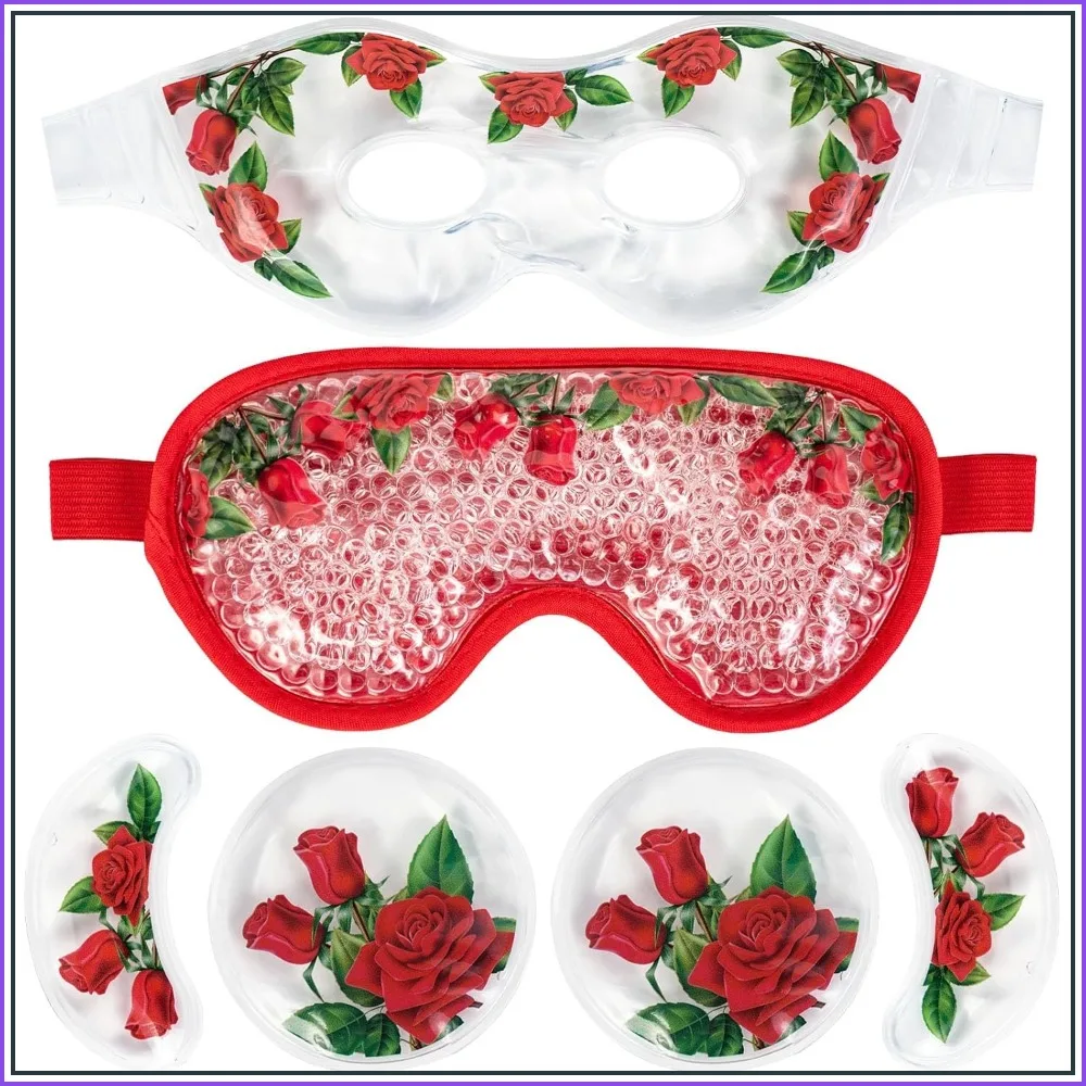 

4 PCS Cooling Eye Mask Set - Ice Face Mask with Rose Essential Oil, Cold Compress & Reusable Gel Pads for Puffiness, Migraine, Dark Circles, Dry Eyes