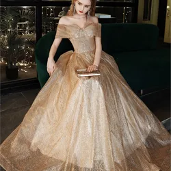 Banquet Skirt New off-Shoulder Temperament Golden Party Host Slim Female Dress