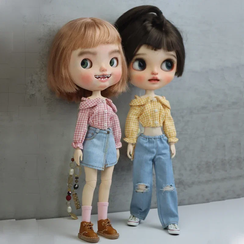 Blythe Doll Clothes Denim Dress and Plaid Blouse for Doll Ob24 Ob22 Azone Doll Outfits