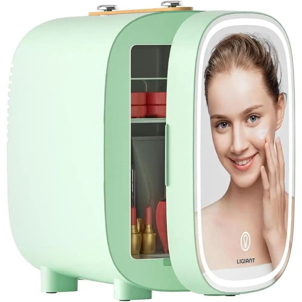 Skincare Mini Fridge LED Light Mirror 4L Low Noise Dual Cooling Heating Portable Design Frost Free Beauty Organizer