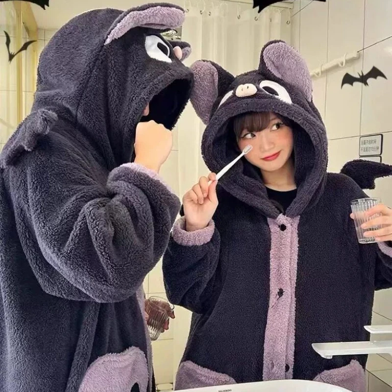 New Cute Bat Hooded Robe for Women, Autumn Winter Thick Coral Fleece Nightgown, Cartoon Wing Warm Loungewear Oversized Homewear