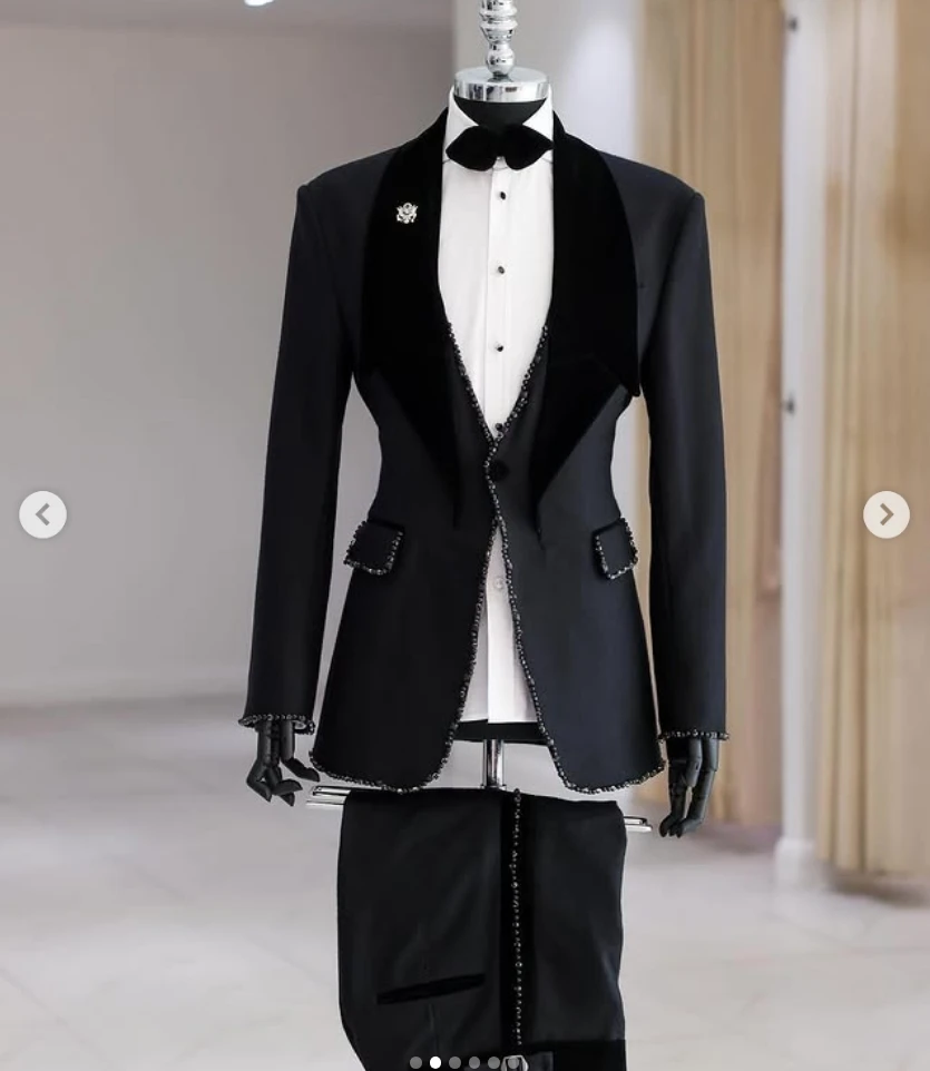 

Black Beaded Men Suits Set 2 Piece Blazer+Pant Prom Wedding Tuxedo Cotton Coat Outfit Customized Formal Office Jacket Trousers
