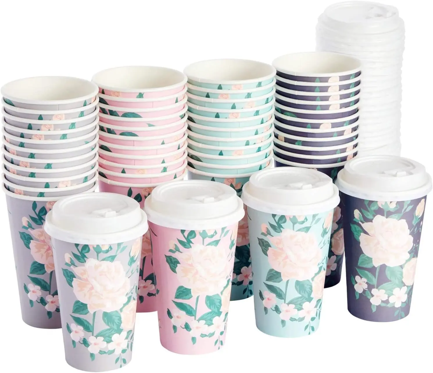 

Paper Coffee Cups - 16 Oz, 48 Count, 4 Pastel Floral Colors - Disposable Cups with Lids for Hot & Cold Coffee & Tea to G
