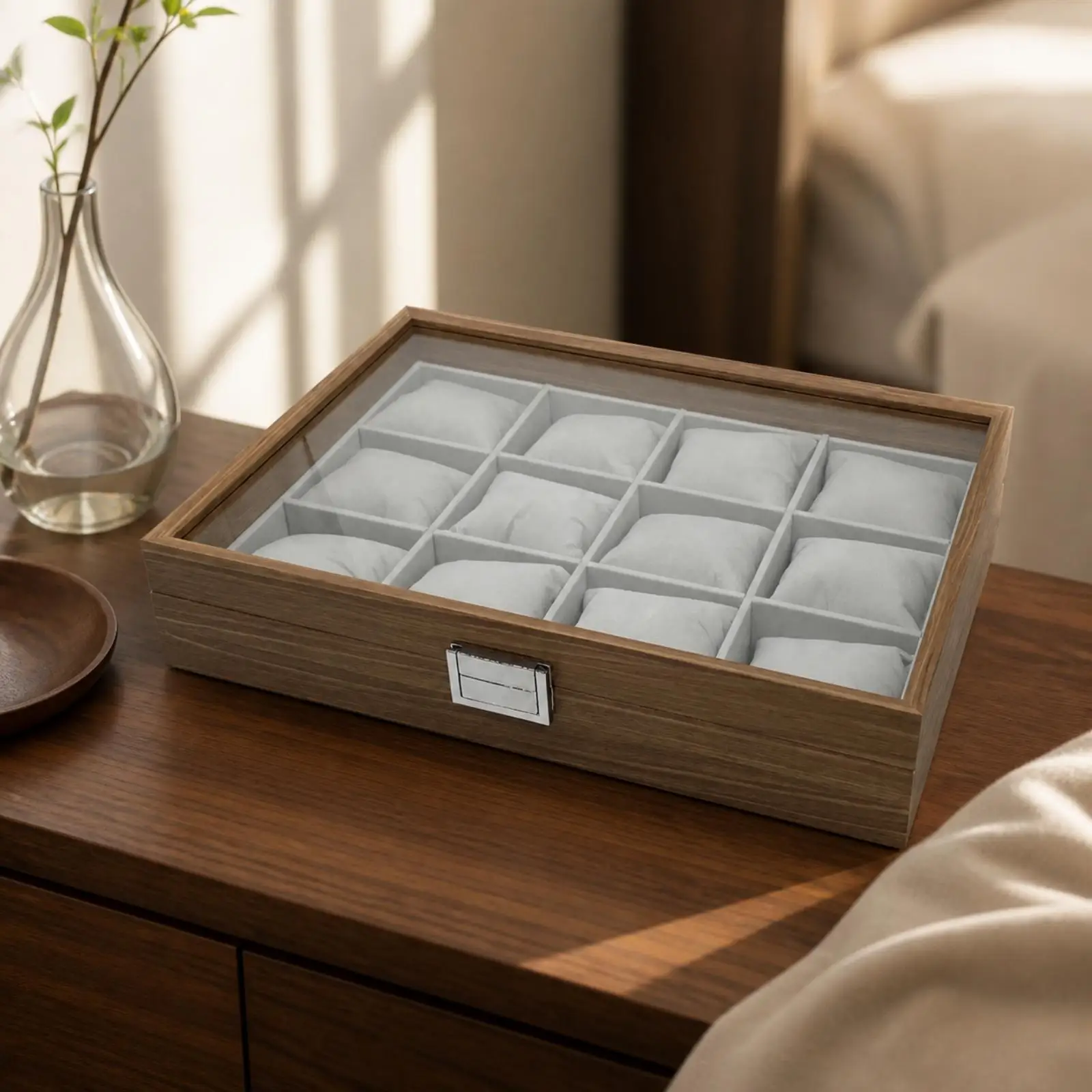 Velvet-Lined Watch Storage Case Walnut Finish Oak-Toned Watch Chest Box with Transparent Lid for Dressing Table, Bedroom