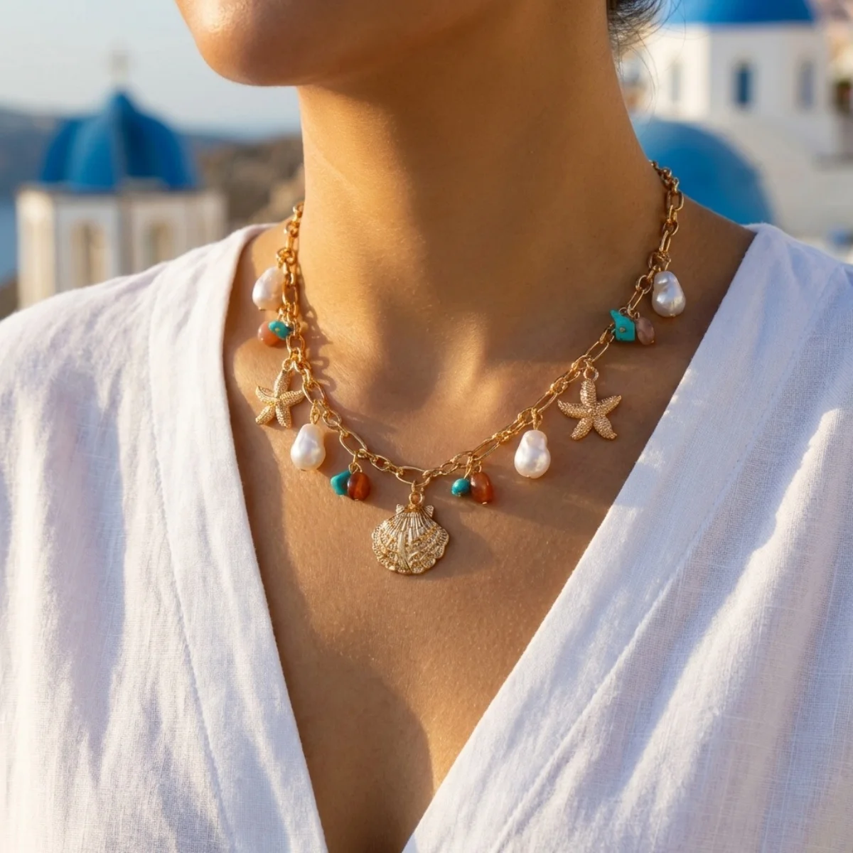 Sommerliche Muschel-Seestern-Imitationsperlen-Quasten-Anhänger-Halskette für Damen und Herren – Seepferdchen, Fisch, Muschel, Schildkröte, Delfin Choker-Schmuck – Detail 16