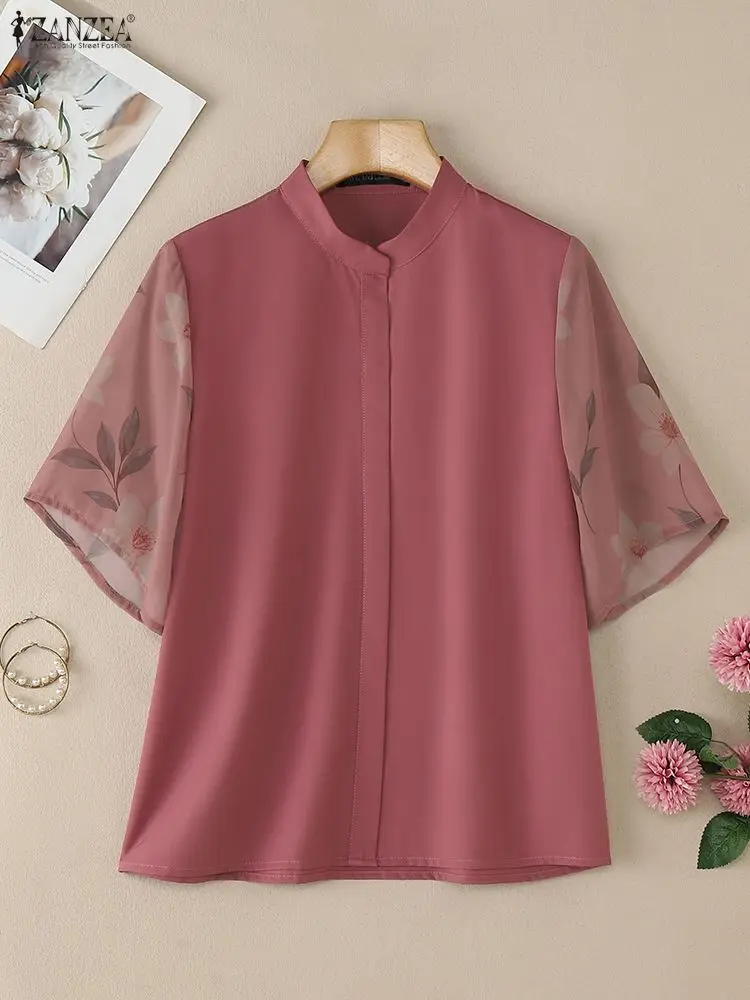 Damenblusen, elegantes Blumen-Chiffon-Patchwork, kurze Ärmel, Stehkragen, Hemden, Frühling 2026, Mode, ZANZEA, Damenkleidung, S-3XL