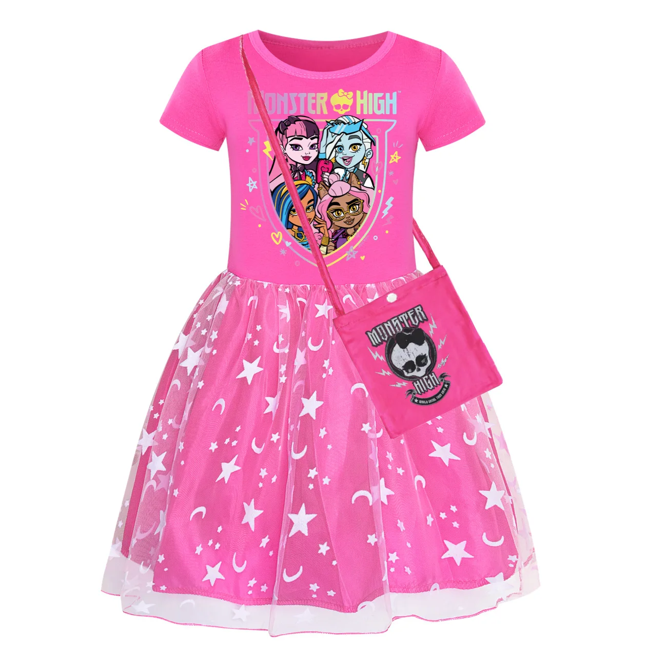 New Summer Monster High Clothes Cartoon Doll Frankie Stein Cosplay Costume Baby Girls Dress Bag Set Kawaii Kids Princess Dresses