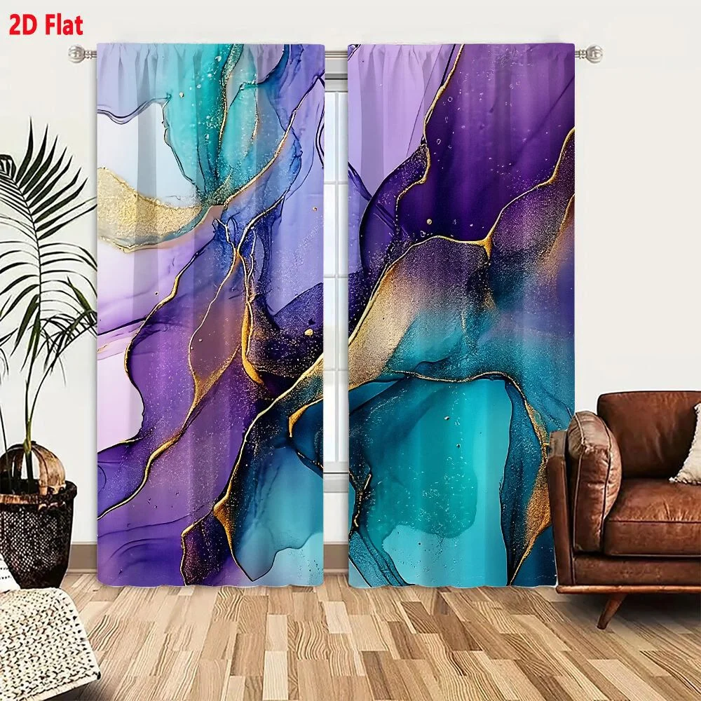 2Pcs Curtains 2D Flat Abstract Artwork Featuring Fluid Purple And Teal Shapes With Gold Lines And Glitter Window Drapes for Bedr