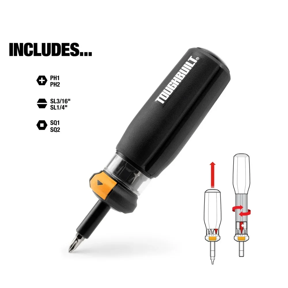 TOUGHBUILT 6 in 1 Multi Bit Screwdriver Reversible Ratchet Wrench Automatic Reload Manual Screwdriver Set TB-H5-M-01