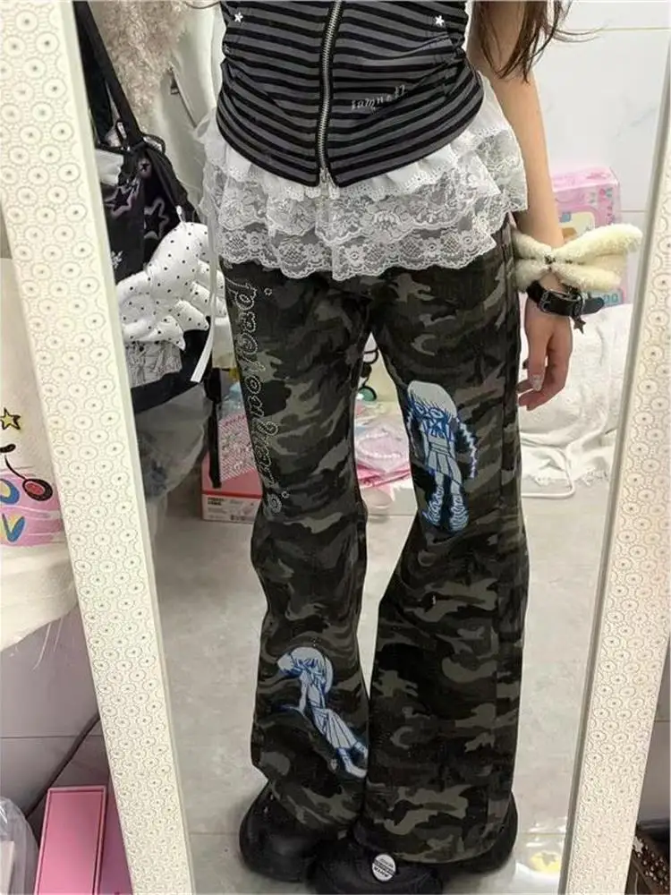 

Джинсы-клеш женские больших размеров с камуфляжным принтом и стразами, утягивающие, в уличном стиле