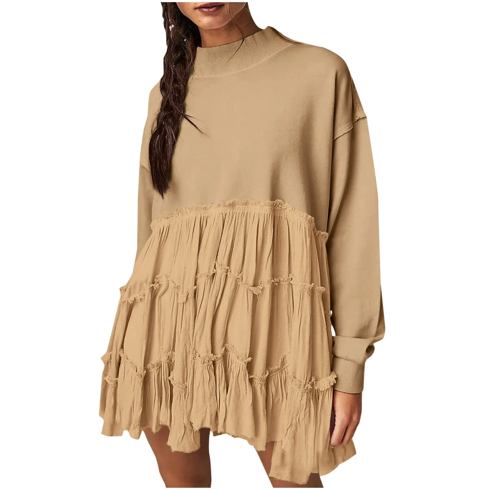 Women Oversized Pullover Sweatshirt Dress Long Sleeve Mock Neck Solid Ruffle Loose Sweatshirts Ladies Autumn Loose Sweatshirts