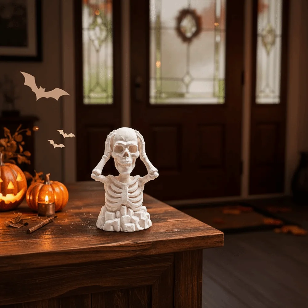 Compact Halloween Skeleton Figurine Novelty Creative 3D Printed Skull White Durable Glow Miniature Sculpture Nightstand
