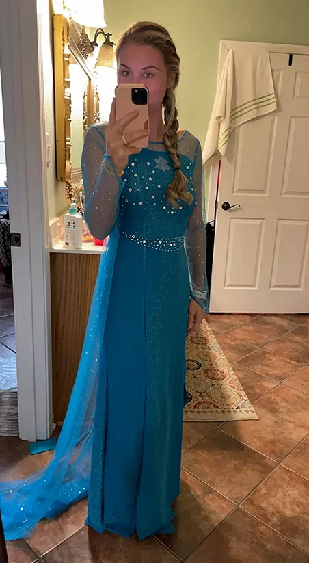女性のためのエルザ姫のドレス,ハロウィーンの衣装,大きいサイズ,長いスタイル,スパンコールのついた青いドレス,パーティー,大人