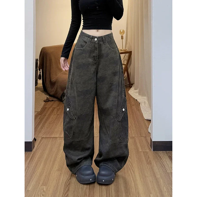 

Мужские и женские камуфляжные рабочие джинсы с широкими штанинами, свободные брюки, зимние, в корейском стиле, с эффектом потертости, высококачественные, универсальные, модель Curve Blade, новый стиль