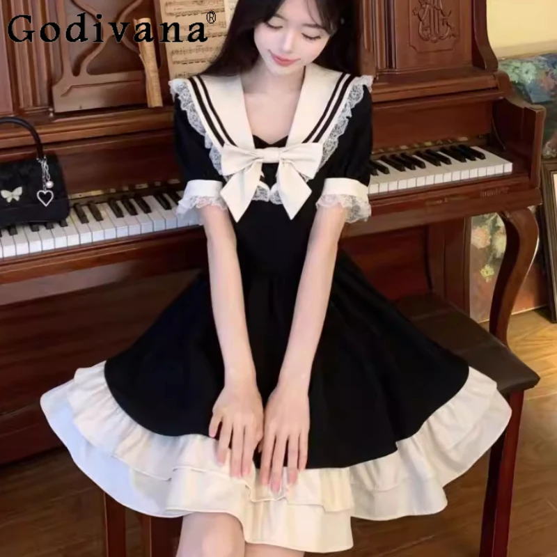 

Женское летнее платье большого размера с бантом, темно-синим воротником, коротким рукавом, в стиле принцесса, модное, с завышенной талией, А-силуэт, черное, в стиле колледж, многоярусное