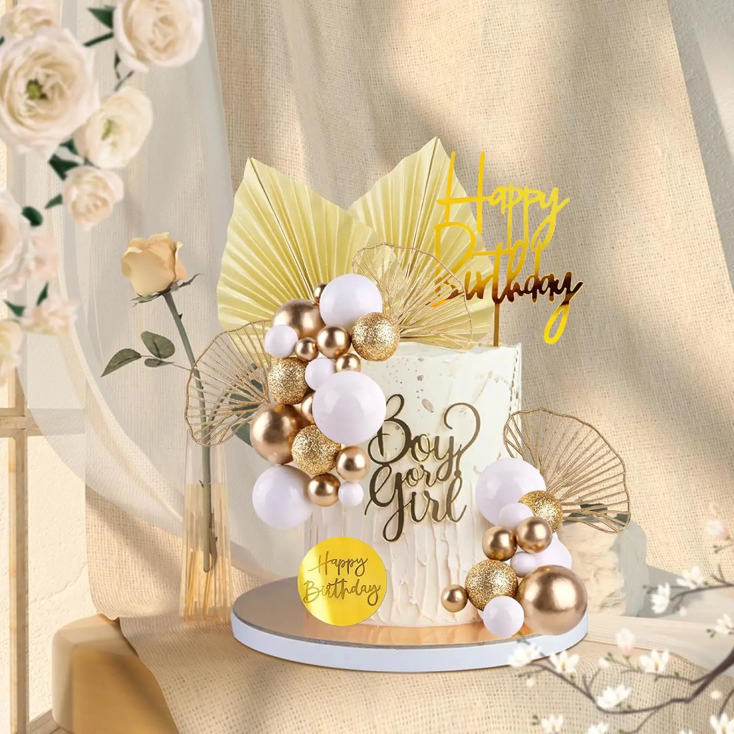 كرات الذهب الأبيض كعكة القبعات العالية مع أوراق النخيل الذهبية بوهو عيد ميلاد كعكة الديكور بالون كعكة إدراج لحفل زفاف عيد ميلاد #6