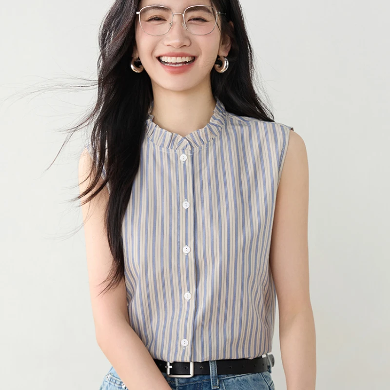 Camisa informal para mujer, camiseta sin mangas con una hilera de botones, ropa Popular coreana, Tops a rayas para primavera/verano 2025