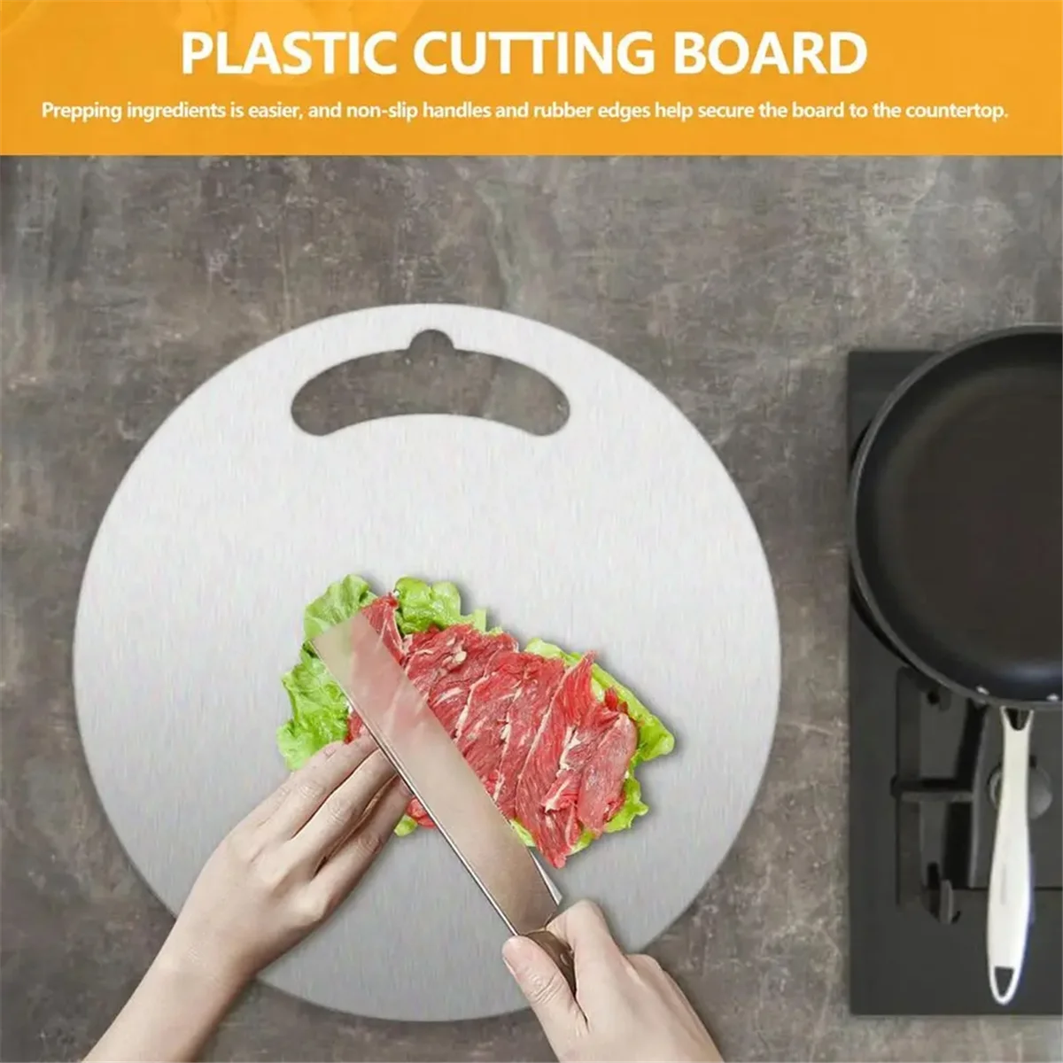 Steel Chopping Board for Kitchen Stainless Dough Rolling Board Double-Sided Round Steak Thawing Metal Board+Handle 40cm