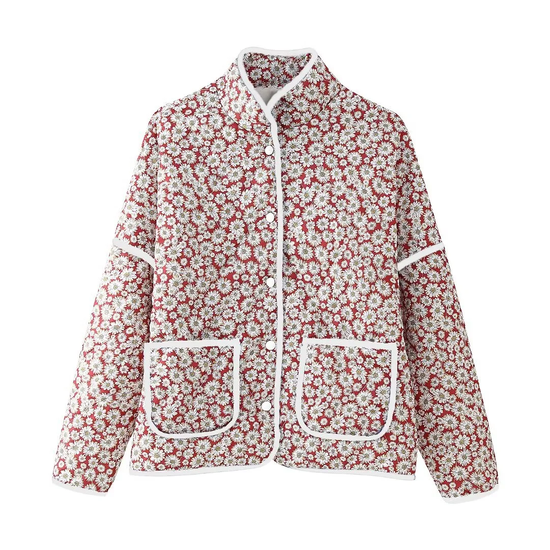 

Women's new cotton coat coat stand collar design overall red base small daisy floral pattern full of fresh pastoral atmosphere W
