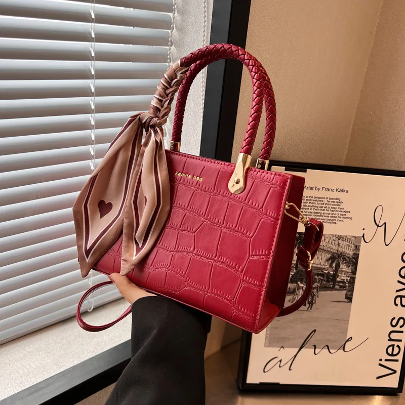 New Red Bridal Handbag French Versatile Commute Women One Shoulder Bags Texture Stone Pattern PU Crossbody Bag with Scarves