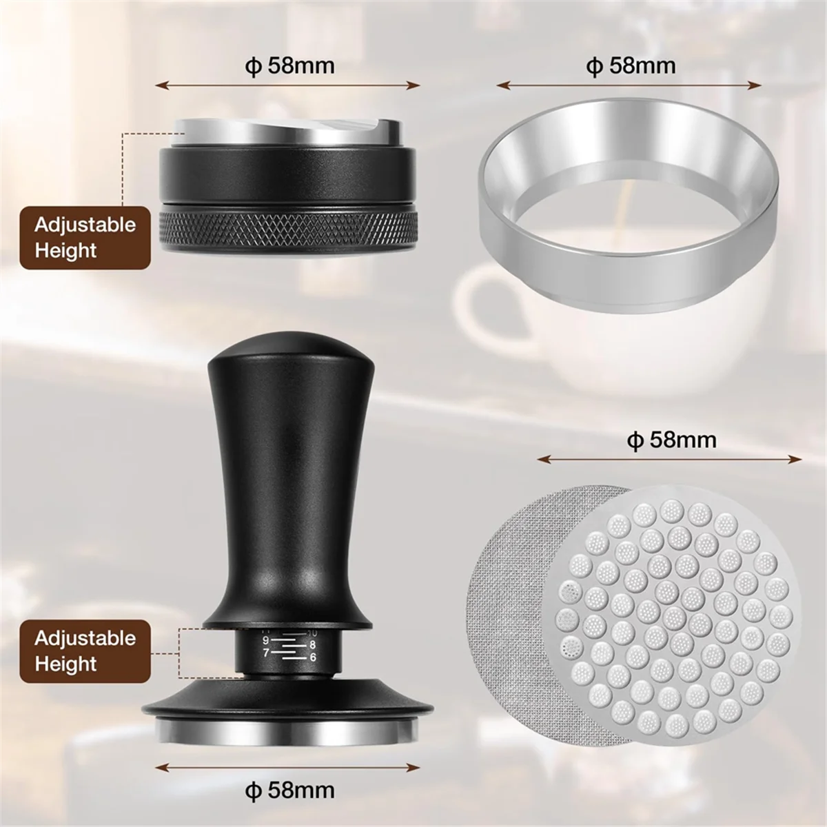 Espresso Tamper Set for 58 mm Porta Filter, Coffee Tamper Adjustable Coffee Distributor and Tamper Dosing Puck Strainer