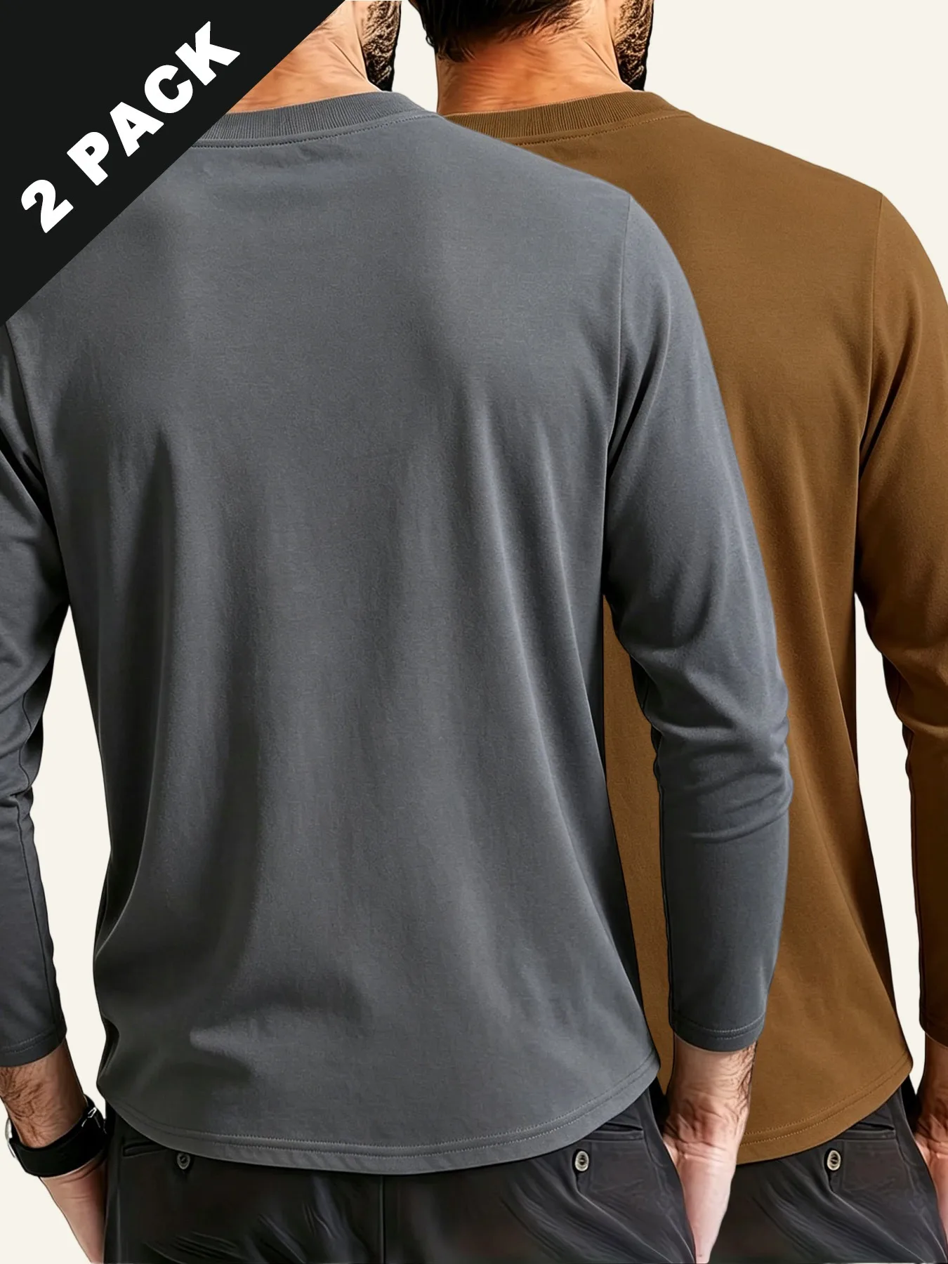 Men 2-Pack Classic Crew Neck Long Sleeve Tees Relax Regular Fit Breathable Soft Knit Shirts Coffee Meetup Travel Home Relax