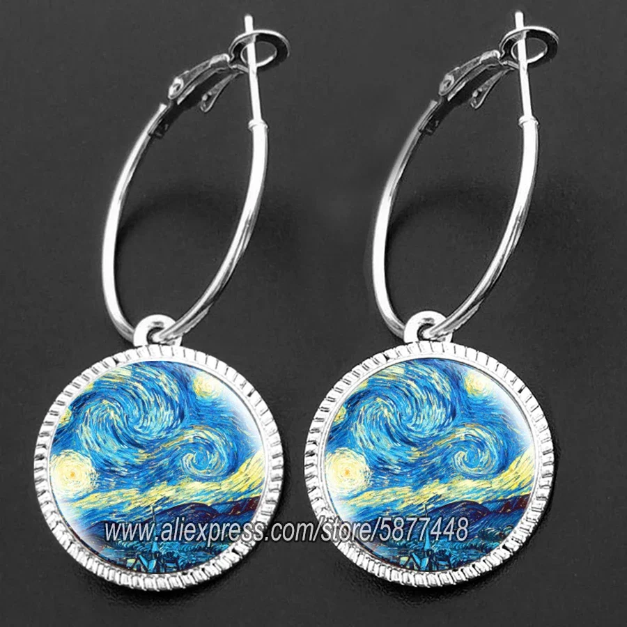 Van Gogh Dangle Earrings Starry Night Loop Earring Women Girl Gift Glass Cabochon Jewelry Hoop Earings Delicate Ear Hoop